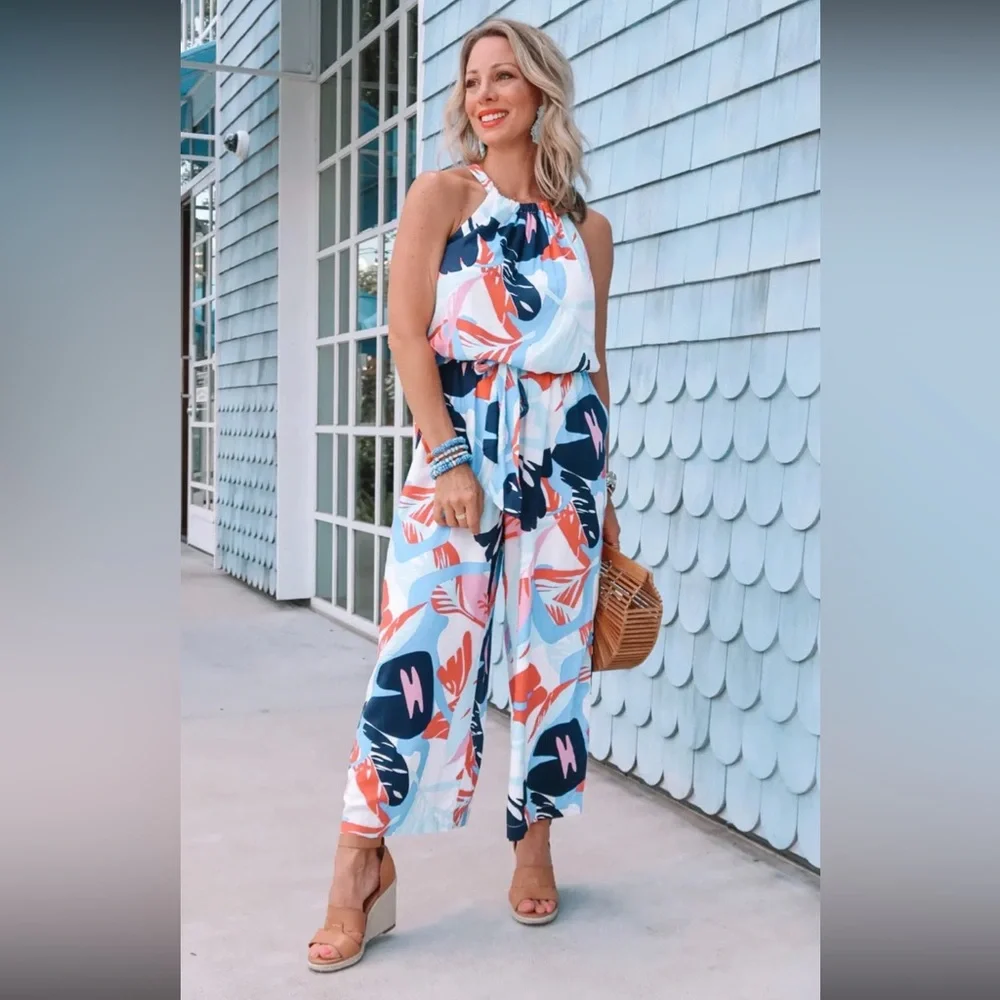 NWT Nordstrom Gibson belted halter romper, bright geometric print Sz M(8/10) - Picture 13 of 14